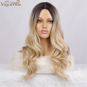 Vigorous Long Wavy Wig For Black Women Ombre Blonde Middle Part Wigs Heat Resistant Synthetic Wigs Wholesale Price